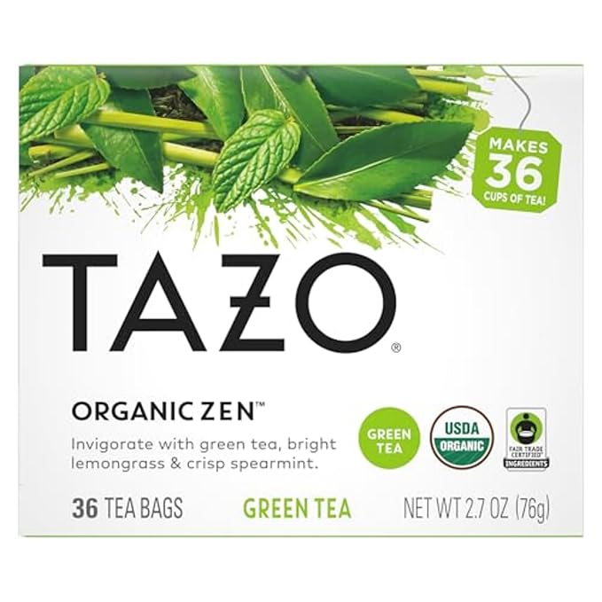 TAZO Organic Zen Green Tea Bags, Caffeine Free Tea with Refreshing Lemongrass & Spearmint, 144 Total Tea Bags (36ct - Pack of 4)