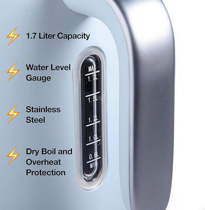 Rae Dunn Electric Hot Water Kettle - Stainless Steel Coffee Maker, Tea Kettle, Swivel Base, With Automatic Shut Off Boil-Dry Protection, Easy Pour, 1500 Watt Boiling Power, 1.7 Liters, Baby Blue