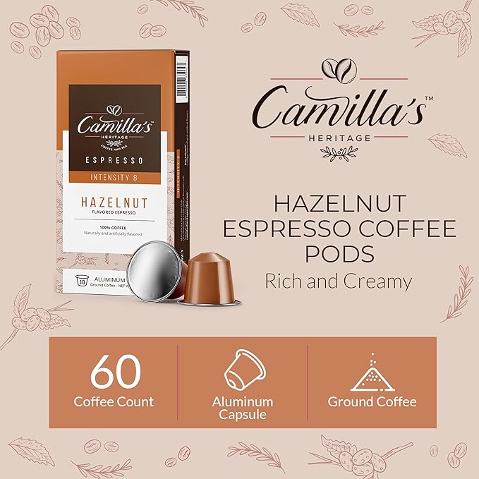 Camilla’s Heritage - Intensity 8 Hazelnut Flavored Espresso Coffee, Gourmet Espresso Cups, 60 Coffee Pods