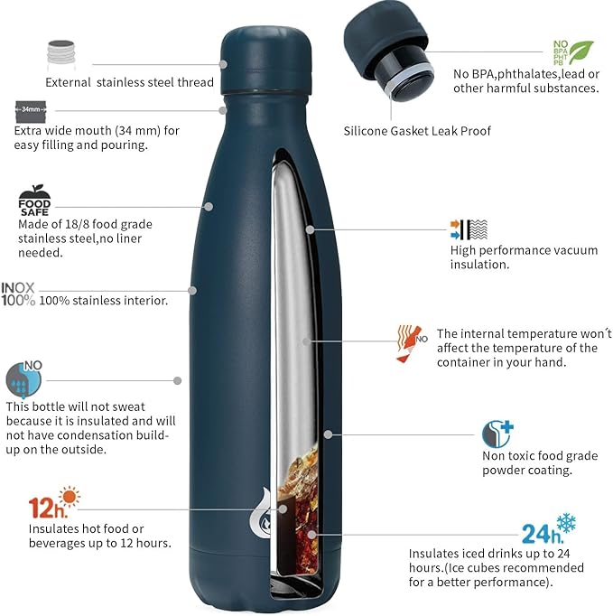 BJPKPK Insulated Water Bottle 17oz Stainless Steel Water Thermal,Navy Blue