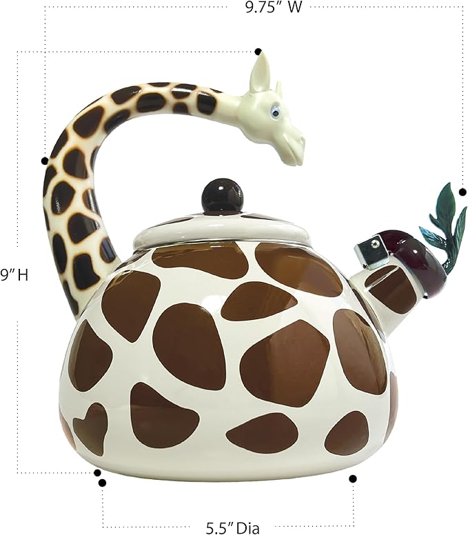 Trenton Gifts Giraffe Design Whistling Tea Kettle - Enamel on Steel Teakettle for Stove Top - Cute Kitchen Accessories - 2.1 Quart