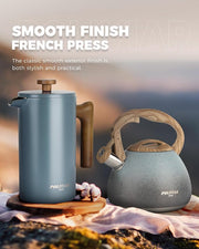 POLIVIAR French Press Coffee Maker, 34 oz Coffee Press with Real Wood Handle, Double Wall Insulation & Dual-Filter Screen, Food Grade Stainless Steel for Good Coffee and Tea (Alpline)