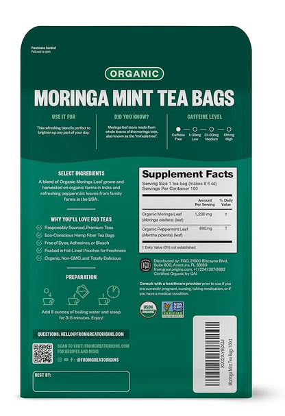 FGO Organic Moringa Mint Tea, 100 Count, Eco-Conscious Herbal Tea Bags, Resealable Bag, Caffeine Free, Packaging May Vary (Pack of 1)
