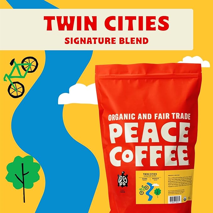 Peace Coffee Twin Cities Blend | 5 lb Ground Dark Roast | Organic Fair Trade | Smooth, Inviting Flavor | Shade Grown, Fresh Roasted