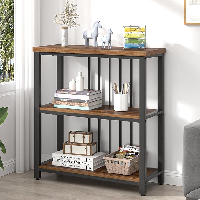FOLUBAN Bookshelf, Small Modern 3 Tier Bookcase, Wood and Metal Standing Storage Book Shelves for Living Room, Office, Bedroom (Rustic Walnut)