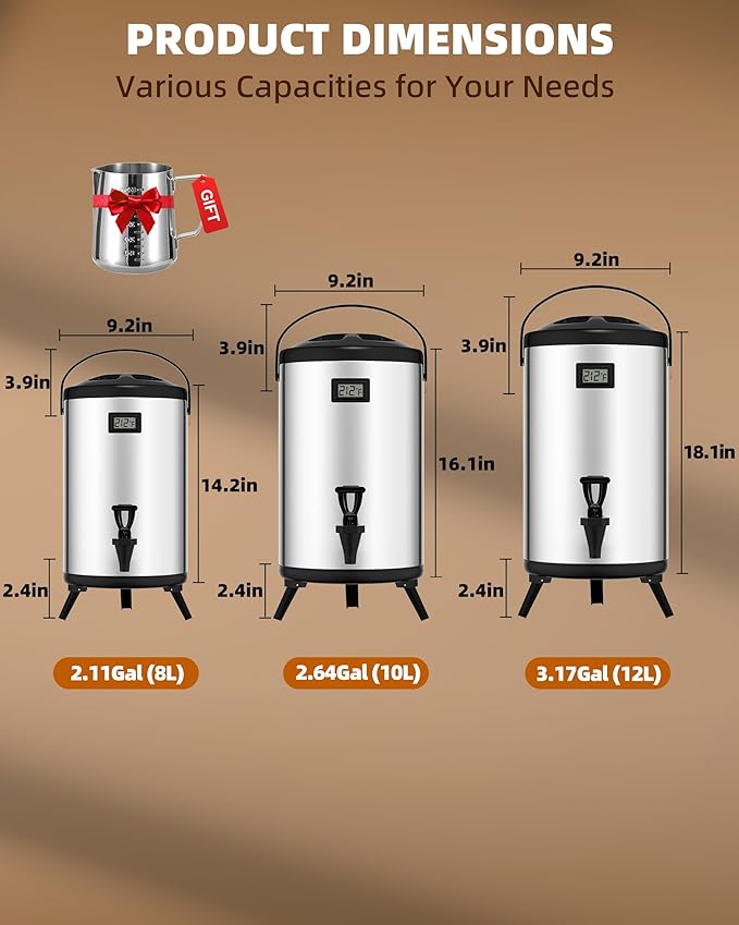 Insulated Beverage Dispenser 3 Gallon, Hot Water Dispenser with Stainless Steel Interior, Large Carafe Hot Coffee Dispenser for Parties, Catering, Drink Dispenser for Tea Milk, Silver, Non-electric