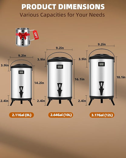 Insulated Beverage Dispenser 3 Gallon, Hot Water Dispenser with Stainless Steel Interior, Large Carafe Hot Coffee Dispenser for Parties, Catering, Drink Dispenser for Tea Milk, Silver, Non-electric