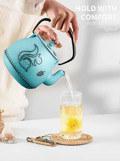 Toptier Teapot with Removable Infuser, Cast Iron Tea Kettle Stovetop Safe, Squirrel Design Tea Pot Coated with Enameled Interior for 32 Ounce (950 ml), Blue