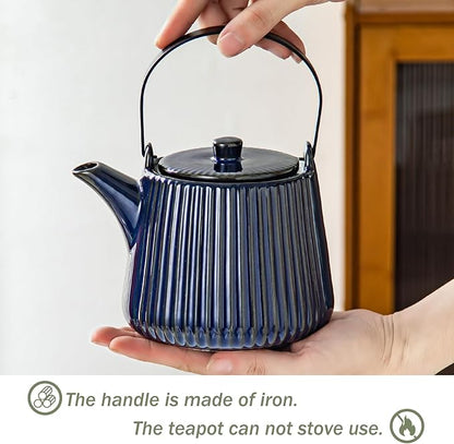 Yundu Deep Blue Ceramic Teapots, 1000ml/33.8oz Tea Kettle, Enough for 4 Cups, Tea pot with infusers for loose tea, Striped Tea Pot with Removable Tea infuser