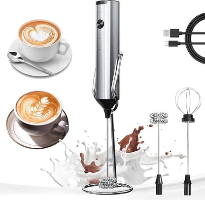 YARRAMATE Rechargeable Milk Frother Wand Handheld With Stand, 3 Speed Adjustable Drink Mixer with 2 Whisks, Stainless Steel Electric Stirrer for Coffee, Lattes, Protein Shakes, Matcha, Egg