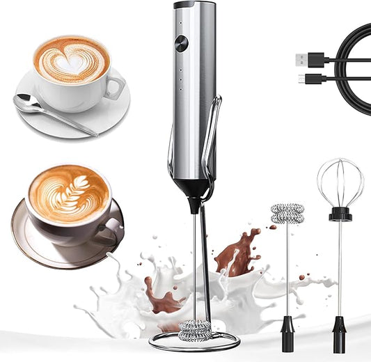 YARRAMATE Rechargeable Milk Frother Wand Handheld With Stand, 3 Speed Adjustable Drink Mixer with 2 Whisks, Stainless Steel Electric Stirrer for Coffee, Lattes, Protein Shakes, Matcha, Egg
