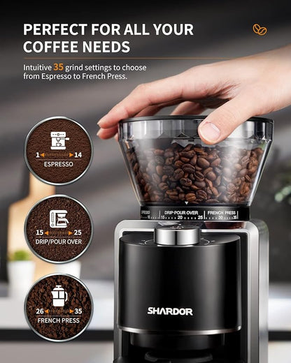 SHARDOR Conical Burr Coffee Grinder, Electric Coffee Bean Grinder with 35 Grind Settings, Adjustable for 2–12 Cups, Anti-Static Design, Black