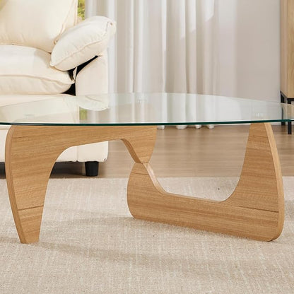 Modern Triangle Coffee Table, 44.5'x32'x16.5', Transparent Glass Top, Walnut Base