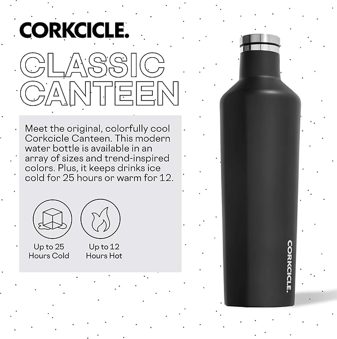 Corkcicle Insulated Water Bottle Thermos, Leakproof, Triple Insulated Stainless Steel, Easy Grip Flat Sides and Screw-on Cap, Cold for 25 Hours or Warm for 12 Hours, 25 oz, Black