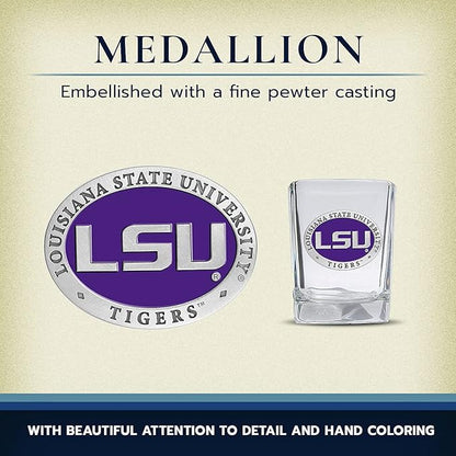 Heritage Pewter LSU Lousianna State University Square Shot Glass | Hand-Sculpted 1.5 Ounce Shot Glass | Intricately Crafted Metal Pewter Alma Mater Inlay