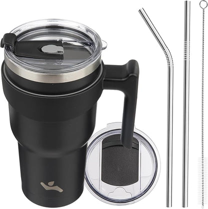 30 oz Tumbler with Handle and 2 Straw 2 Lid, Insulated Water Bottle Stainless Steel Vacuum Cup Reusable Travel Mug,Black