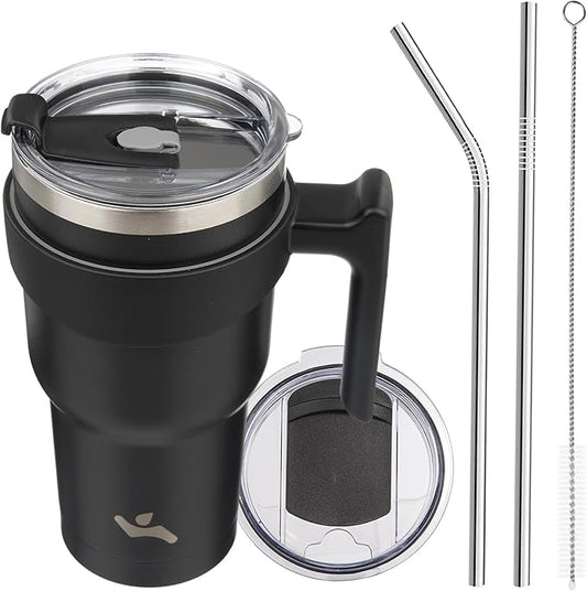 30 oz Tumbler with Handle and 2 Straw 2 Lid, Insulated Water Bottle Stainless Steel Vacuum Cup Reusable Travel Mug,Black