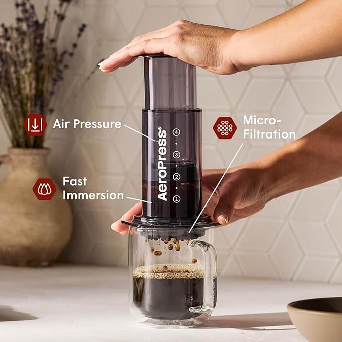 AeroPress Clear Black Coffee Press – 3 In 1 Brew Method Combines French Press, Espresso, Full Bodied Coffee Without Grit or Bitterness, Small Portable Coffee Maker for Camping & Travel, Black