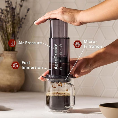 AeroPress Clear Black Coffee Press – 3 In 1 Brew Method Combines French Press, Espresso, Full Bodied Coffee Without Grit or Bitterness, Small Portable Coffee Maker for Camping & Travel, Black
