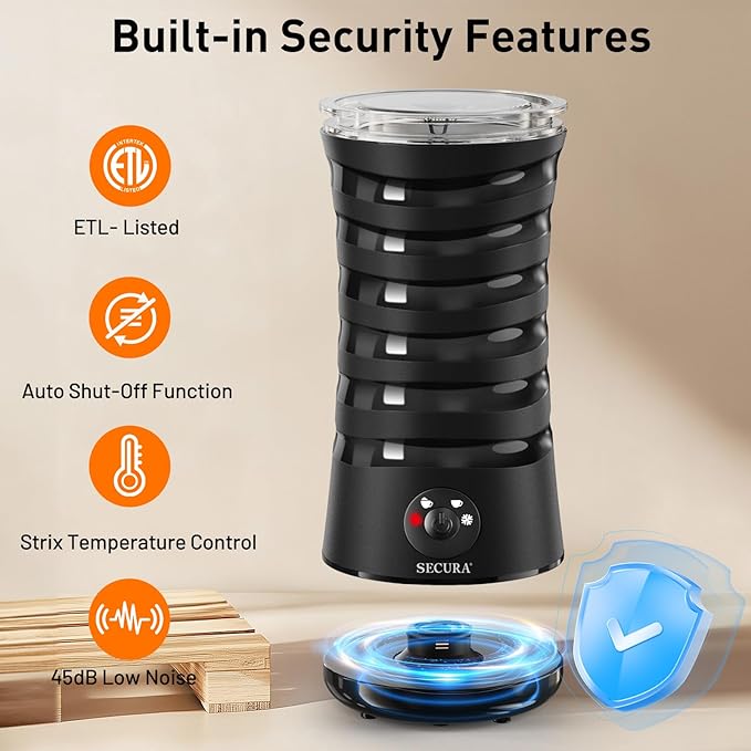 Secura Electric Milk Frother, Automatic Milk Steamer, 4-IN-1 Hot & Cold Foam Maker-8.4oz/240ml Milk Warmer for Latte, Cappuccinos, Macchiato with Silicone Spatula, Quiet Operation & Shut-off (Black)