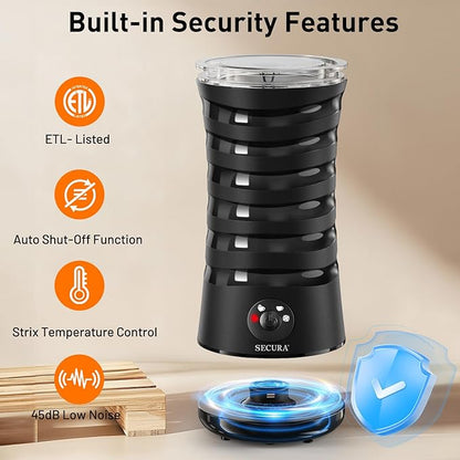 Secura Electric Milk Frother, Automatic Milk Steamer, 4-IN-1 Hot & Cold Foam Maker-8.4oz/240ml Milk Warmer for Latte, Cappuccinos, Macchiato with Silicone Spatula, Quiet Operation & Shut-off (Black)