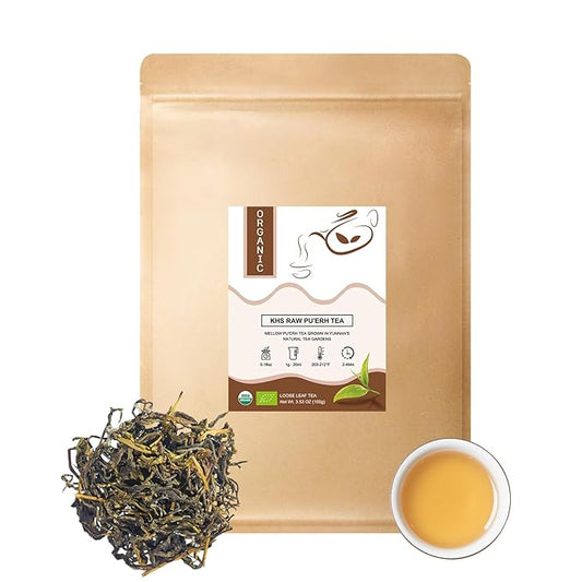 Organic Pu Erh Tea, USDA Certified Organic Raw Puerh Tea Loose Leaf Black Tea, No Dust Production Workshop, Chinese Yunnan Ancient Tree Puer tea Perfect for Hot Brew, 3.5 Oz
