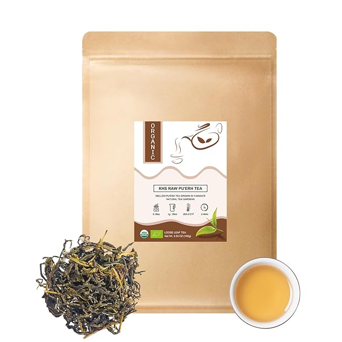 Organic Pu Erh Tea, USDA Certified Organic Raw Puerh Tea Loose Leaf Black Tea, No Dust Production Workshop, Chinese Yunnan Ancient Tree Puer tea Perfect for Hot Brew, 3.5 Oz