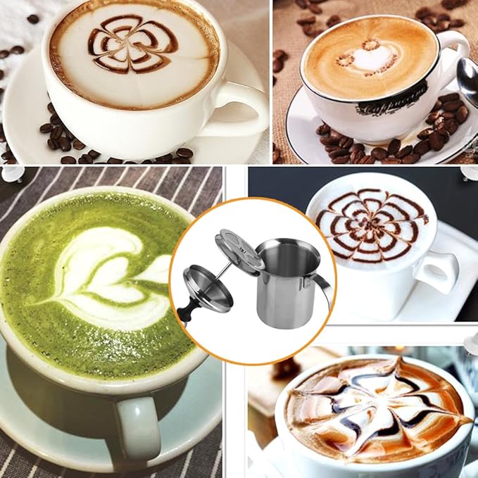 Stainless Steel Hand Foamer,Double-Layer Manual Milk Frother Double Mesh Coffee Cappuccin for Kitchen(400ml)
