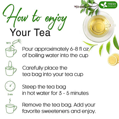 FreshDrinkUS, Premium 55 Tulsi Green Tea Bags, 100% Natural, Blend of Tulsi Holy Basil Leaves, and Green Tea Leaves. Made with Natural Material Tea Bags. No Sugar, Vegan.