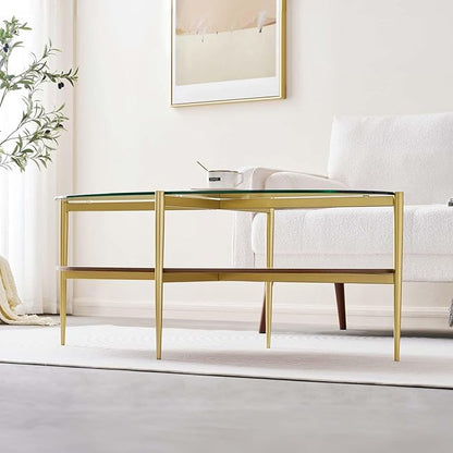 Oval Glass Coffee Table, Mid-Century Modern Design, L43 x W22 x H17 inch, 2-Tier Structure, Olive Shaped Clear Glass Top and Walnut Finish Wood Shelf, Tapered Legs with Gold Finish Frame