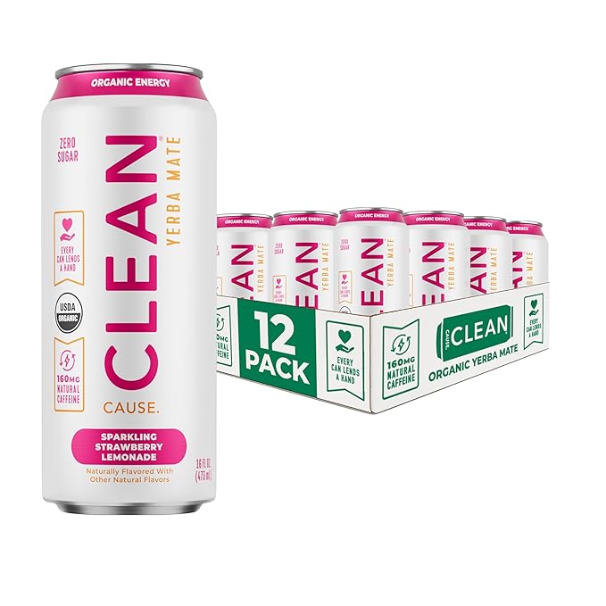 NEW CLEAN Cause Zero Sugar Strawberry Lemonade Yerba Mate Tea Sparkling, USDA Organic Energy Drink Alternative, Zero Calorie, 160mg Natural Caffeine, Soda Alternative (16oz cans, 12-Pack Case)