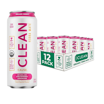 NEW CLEAN Cause Zero Sugar Strawberry Lemonade Yerba Mate Tea Sparkling, USDA Organic Energy Drink Alternative, Zero Calorie, 160mg Natural Caffeine, Soda Alternative (16oz cans, 12-Pack Case)