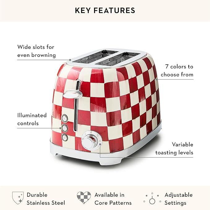 MACKENZIE-CHILDS 2-Slice Toaster, Decorative Toaster for Kitchen, Red-and-White Cherry Check