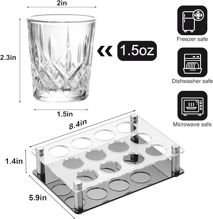 Ruckae 12 Pack 1.5 OZ Shot Glasses Set with Tray Crystal Shot Glass Bulk Clear Cone Shot Glasses for Vodka Tequila Whiskey Liquor