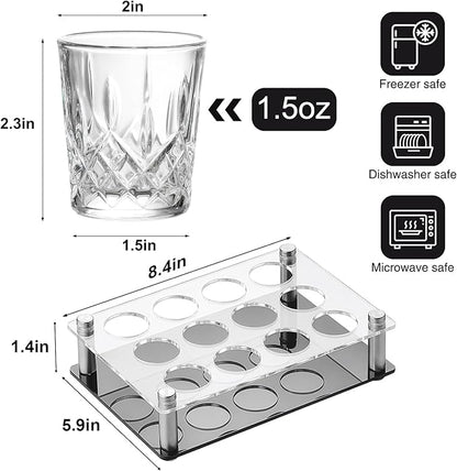 Ruckae 12 Pack 1.5 OZ Shot Glasses Set with Tray Crystal Shot Glass Bulk Clear Cone Shot Glasses for Vodka Tequila Whiskey Liquor