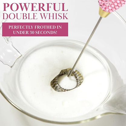 Paris Hilton Electric Rhinestone Handheld Milk Frother with Double Coil Head Whisk and Gold Metal Stand, Battery Powered (2 AA Batteries Required but Not Included), Pink