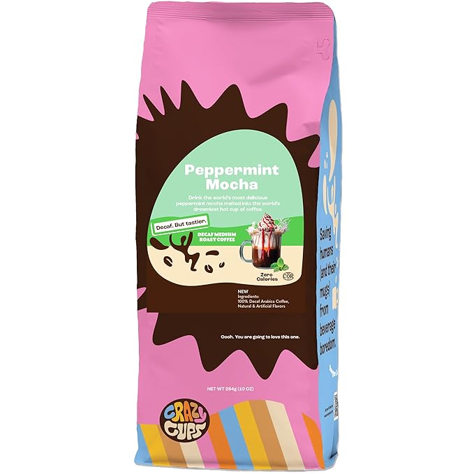 Crazy Cups Flavored Ground Decaf Peppermint Coffee, Decaffeinated Peppermint Mocha, For Brewing Flavored Hot or Iced Coffee, 10 oz Bag