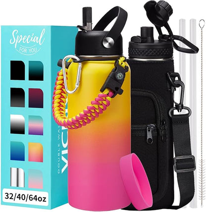 Stainless Steel Water Bottles 32oz - Cold-48h Hot-24h Insulated Water Bottle with Straw & Auto Spout Lid, Carrier Bag & Protective Cup Mat, Metal Thermo Flask Reusable Gym Waterbottle Jug Leak Proof