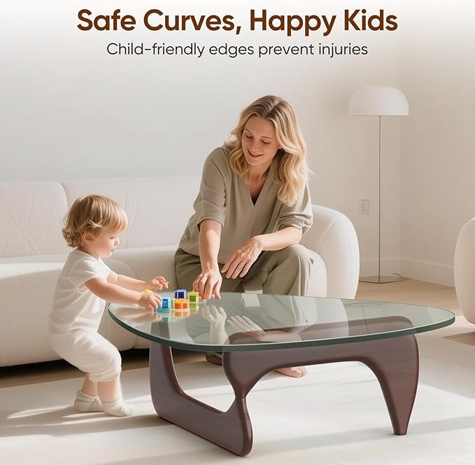 Noguchi Table Triangle Glass Coffee Table Vintage Glass End Table, Solid Wood Base and Triangle Clear Glass Top Modern End Table for Living Room, Patio, Study, Dark Walnut