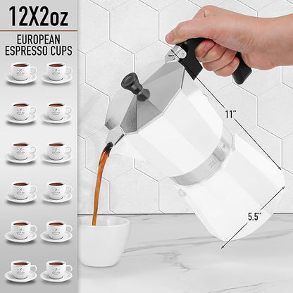 Zulay Moka Pot Espresso Stovetop Coffee Maker - Leak-Proof, Stainless Steel, Easy to Clean, Heat Resistant Handle & Knob - for Authentic Cuban & Italian Style Espresso - Makes 12 Espresso Cups - White