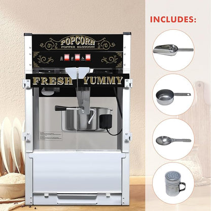 Commercial Popcorn Machine with Cart, Wheels & 20 Oz Kettle, Popcorn Maker Machine Vintage Style Movie Theater Popcorn Popper Machine for Parties, Events, Commercial, and Home Theater