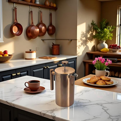 YJX 34oz Coffee Maker, Stainless Steel French Press, 1 Liter Camping Coffee Pot, Tea Maker, 34 Ounce Travel Coffee Presses, Heat Resistant Double Insulated (Coppery)