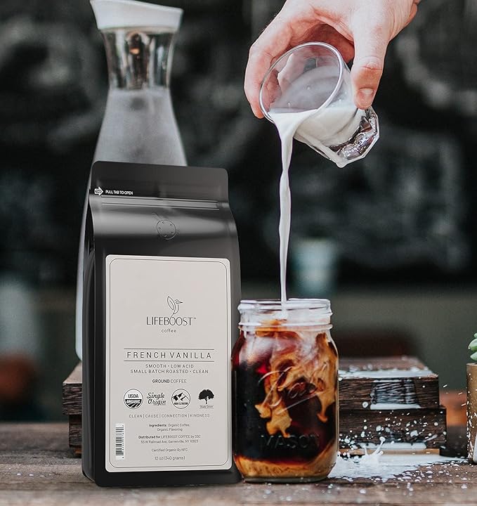 Lifeboost French Vanilla Ground Coffee - Non-GMO Low Acid Single Origin USDA Organic Coffee - Third Party Tested For Mycotoxins & Pesticides - 12 Ounces