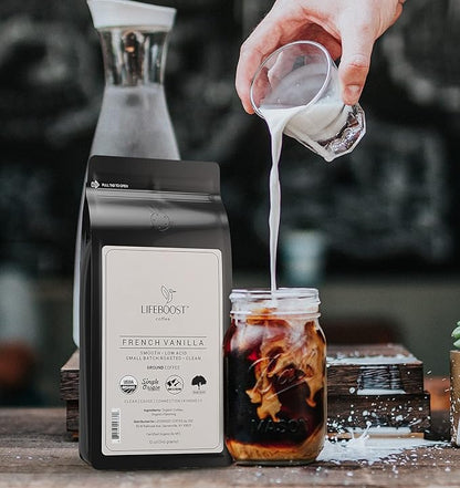 Lifeboost French Vanilla Ground Coffee - Non-GMO Low Acid Single Origin USDA Organic Coffee - Third Party Tested For Mycotoxins & Pesticides - 12 Ounces