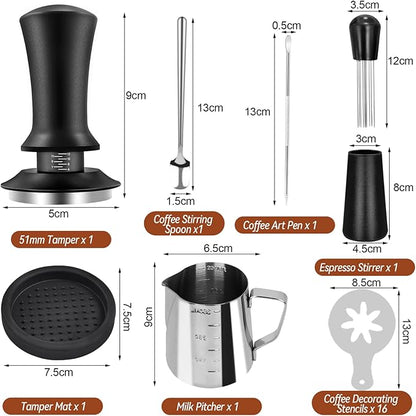 22Pcs Espresso Accessories, 51mm Espresso Tamper Kit, Espresso Machine Accessories Set with Coffee Tamper, WDT Tool, Tamper Mat, Coffee Stirrer, Frothing Pitcher, Latte Art Pen, 16 Coffee Stencils