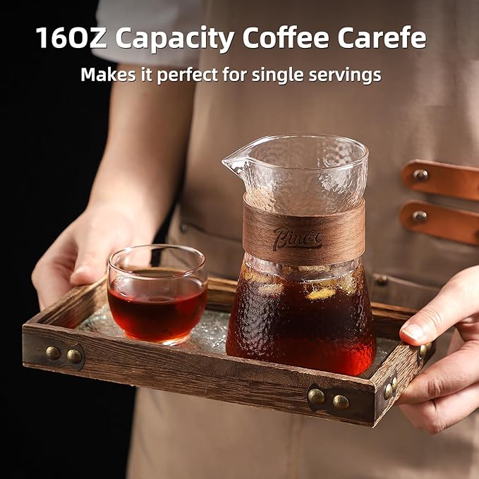 Glass Coffee Server 500ML/16oz - Glass Coffee Carafe with Heat-Resistant Wood Loop,Clear Coffee Decanter Coffee Server for Pour Over, Coffee Pot