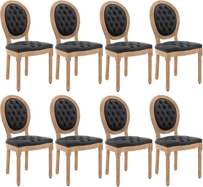 French Country Dining Chairs Set of 8, Vintage Wooden Dining Chairs with PU Leather Upholstered Tufted Seat,Solid Wood Legs&Frame, Farmhouse Kitchen&Living Room Chairs(Black,8 Pcs)