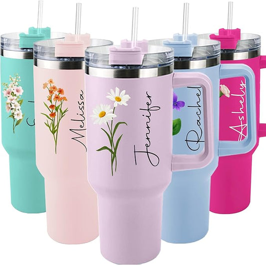 ThermoThrill Ships Next Day, Personalized 40 Oz Tumbler with Handle and Straw Custom Tumbler with Text Stainless Steel Mug Birthday Gifts for Women