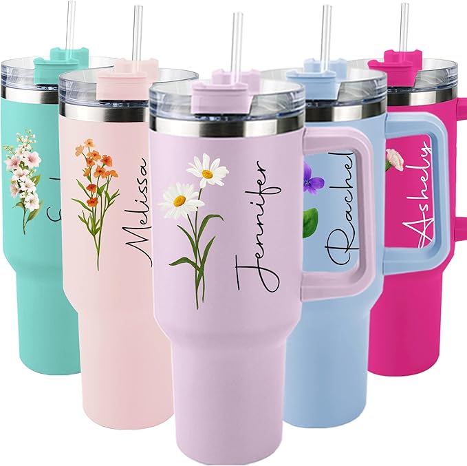 ThermoThrill Ships Next Day, Personalized 40 Oz Tumbler with Handle and Straw Custom Tumbler with Text Stainless Steel Mug Birthday Gifts for Women
