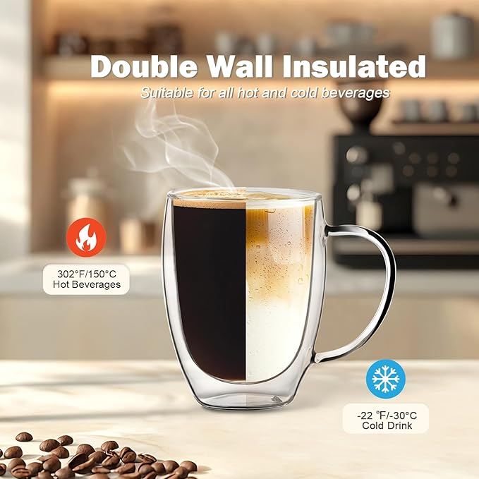 Double Wall Glass Coffee Mugs 12 OZ, Clear Coffee Cup With Handle,Insulated Coffee Mugs Set of 6 With Spoons Perfect for Espresso, Cappuccino, Latte, American,Tea Bag, Beverage